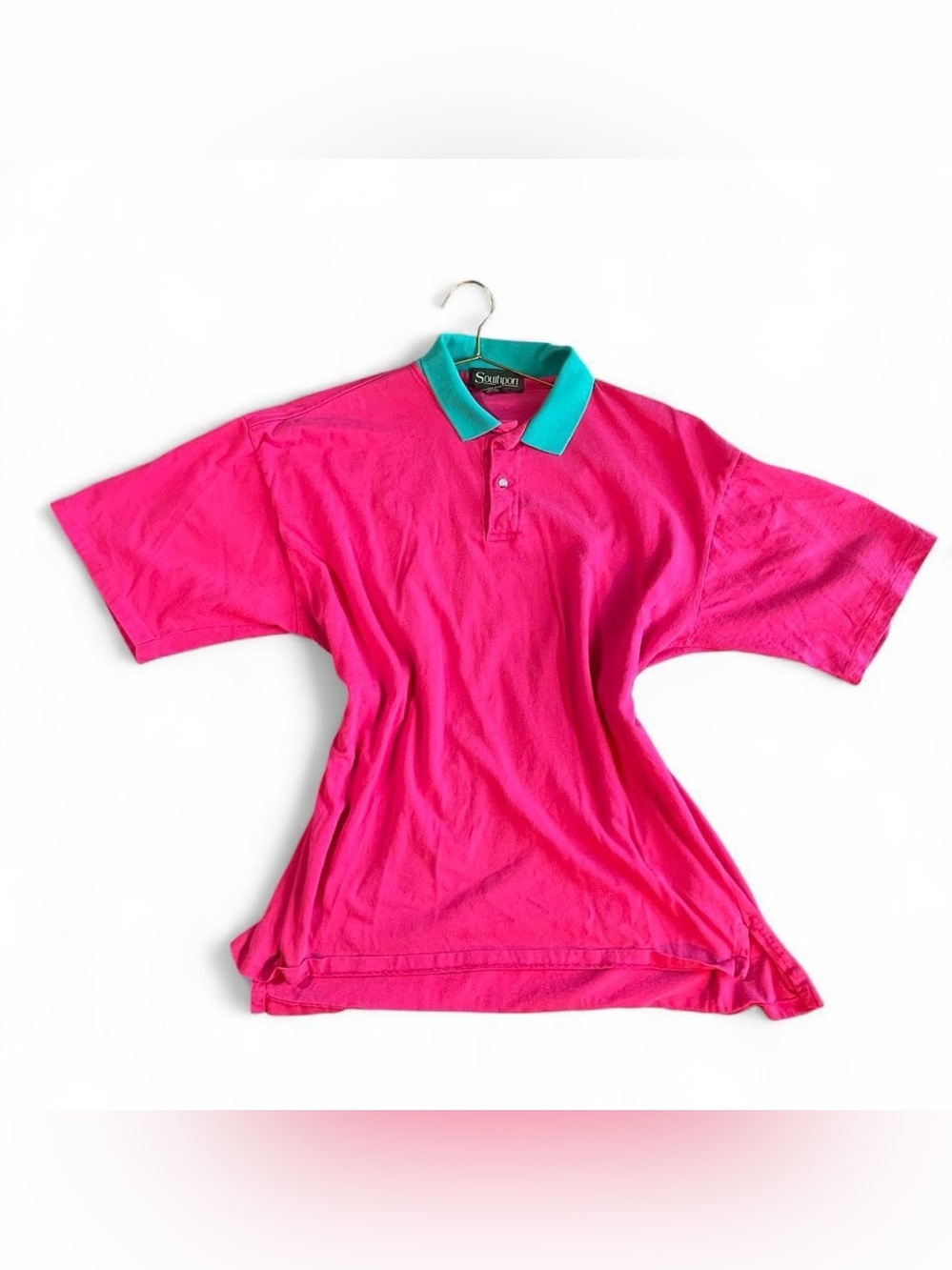 Vintage Southport Hot Pink Teal Collar Polo Shirt XL 80s 90s Colorblock